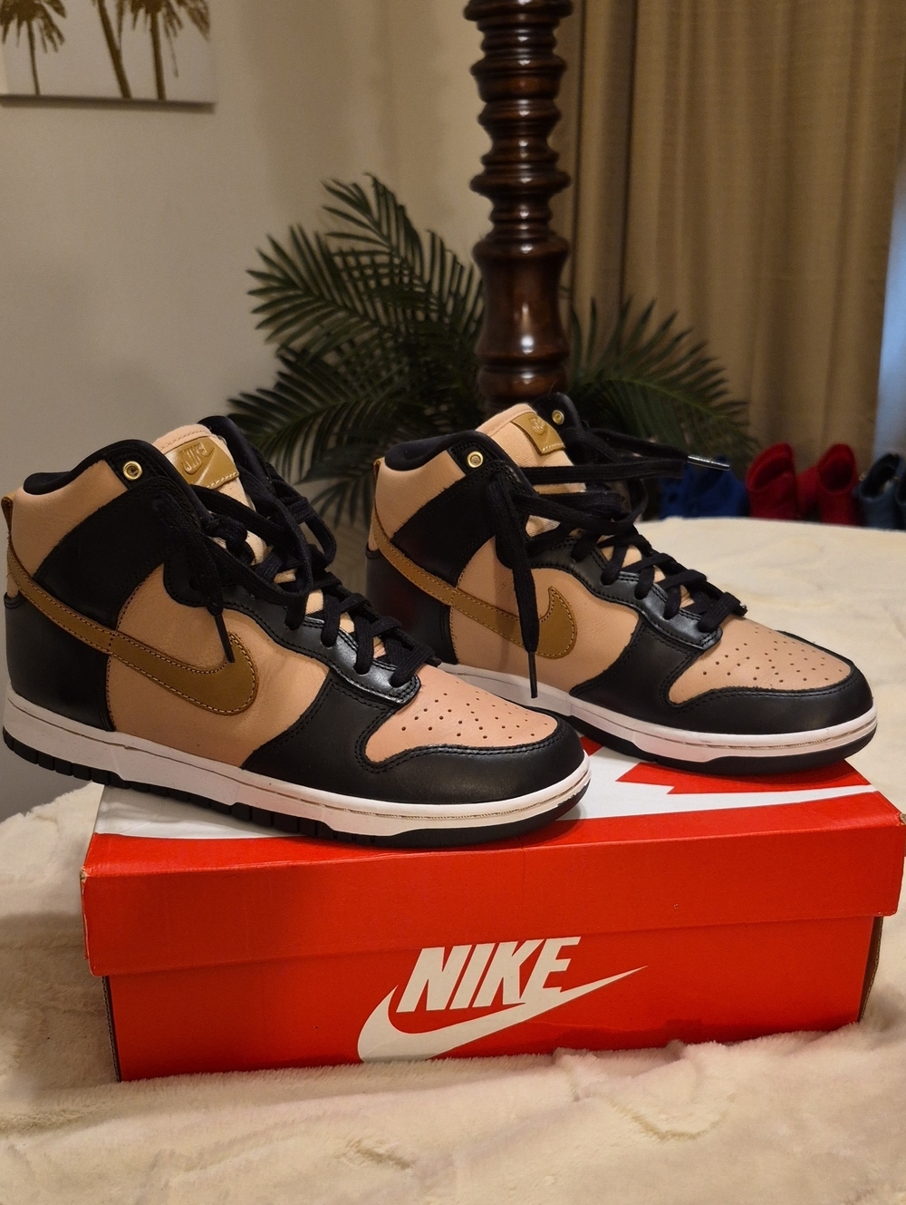 Nike Men’s Mid-Top Sneakers in Black and Tan with Gold Swoosh